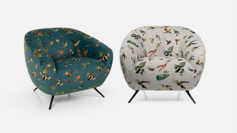 Fauteuil sans têtière en tissu motif oiseaux blanc ou vert ASSANDRA