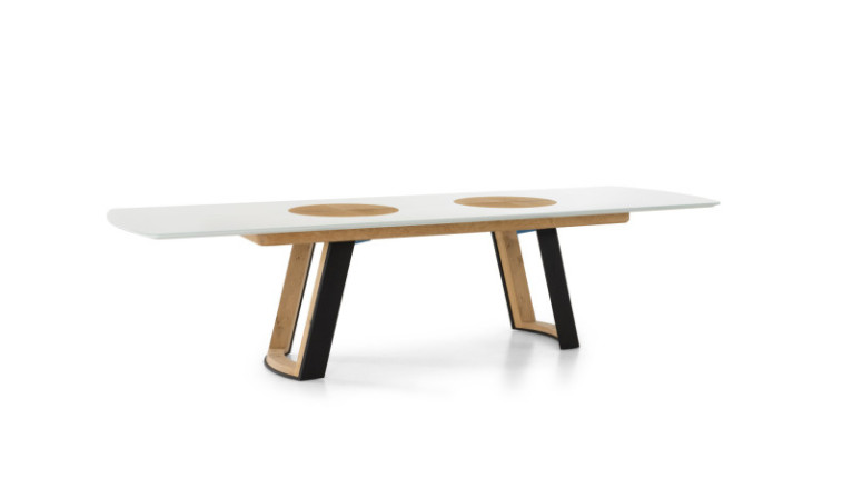 Table de repas extensible réalisable en placage chêne naturel, laque ou céramique inrayable AUSTRAL